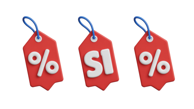 Three vibrant 3D red price tags featuring percentage and 'SI' symbols, perfect for sales, discounts, and promotional visuals. background removed