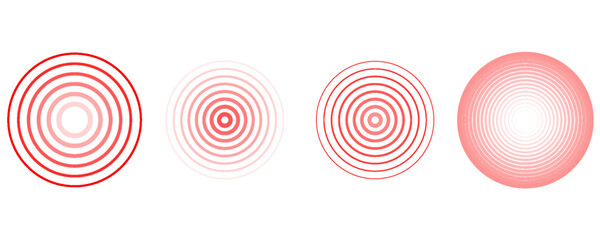 Red concentric ripple circles set. Sonar or sound wave rings collection. Epicentre, target, radar icon concept. Radial signal or vibration elements. Halftone vector illustration