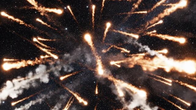 Cosmic display of celestial objects streaking across starry background