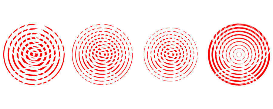 Red concentric ripple circles set. Sonar or sound wave rings collection. Epicentre, target, radar icon concept. Radial signal or vibration elements. Halftone vector illustration
