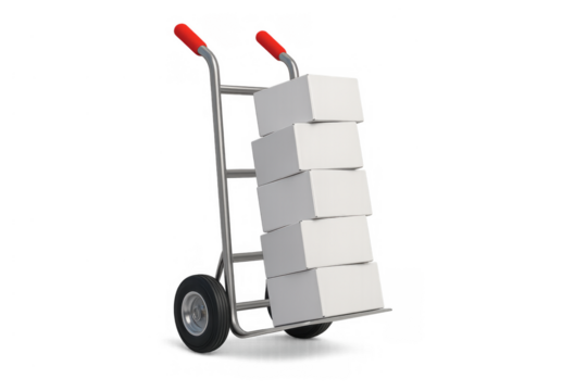Hand truck carrying stack of blank white boxes, dolly loaded with cargo for delivery and logistics on transparent background