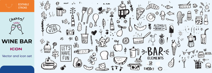 Hand drawn ink line food and wine or champagne drawings. Sketch style Illustrations for wedding celebration invitations,