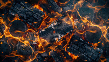 Close-up of dark charred wood logs burning intensely with bright orange flames and glowing embers creating a powerful and energetic atmosphere of heat and combustion