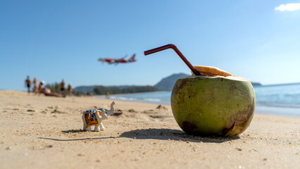 Elephant figurine on the beach by the sea