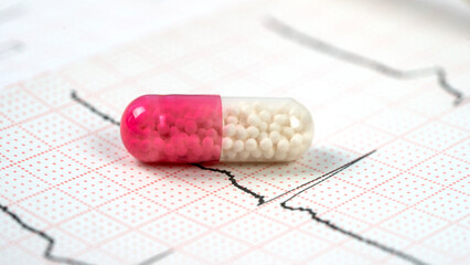 Red pill or vitamin on a cardiogram of the heart