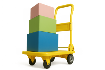 Yellow hand cart with a stack of colorful boxes illustrating concepts of delivery, logistics, and shipping, transparent background