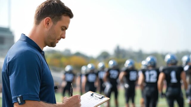 Coach observing football practice while taking notes on performance and strategies in late afternoon sun