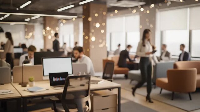 Dynamic modern office bustling with activity as professionals collaborate on projects in a bright and innovative workspace