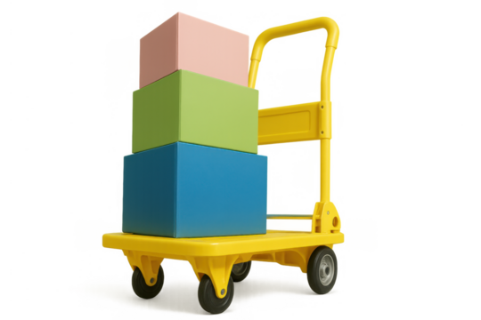 Yellow hand cart with a stack of colorful boxes illustrating concepts of delivery, logistics, and shipping, transparent background