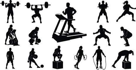 fitness, exercise, silhouette, workout, training, weightlifting, squatting, treadmill, resistance, jumping, rope, cycling, cardio, strength, vector