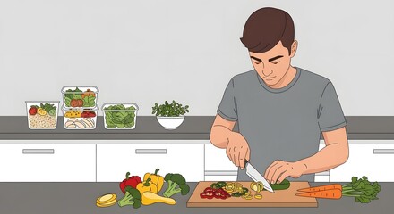 Illustration of a young man chopping fresh organic vegetables on a cutting board for healthy meal preparation in his kitchen