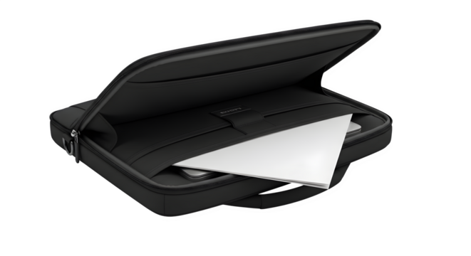 “Open laptop bag with a partly visible document sticking out, isolated on white background, realistic PNG.”