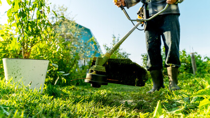 Man with grass trimmer mowing lawn on garden lawn