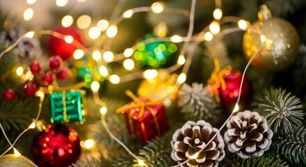Close up of christmas tree with ornaments gifts pine cones and string lights creating a festive scene