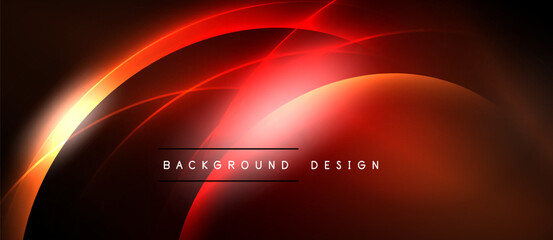 Abstract red design features curved lines, glowing effects. Dark background enhances vibrant color contrasts, modern aesthetic.