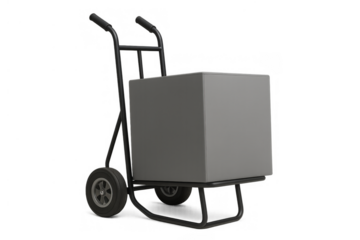 Hand truck carrying gray package, symbolizing delivery, shipping, and logistics concept with transparent background