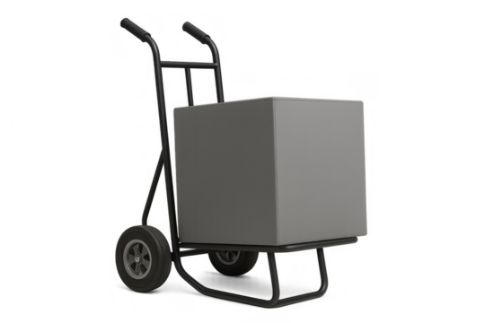 Hand truck carrying gray package, symbolizing delivery, shipping, and logistics concept with transparent background