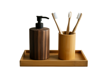 Natural bamboo bathroom set: eco soap dispenser & toothbrushes