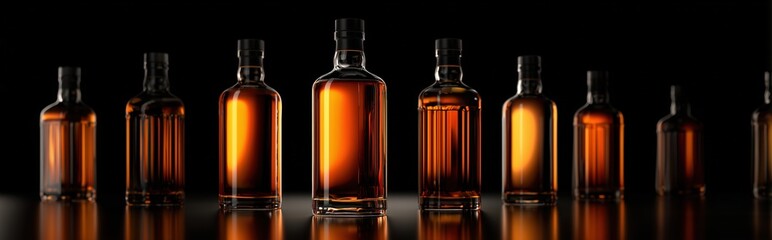banner of amber gradient rich-textured bright amber-coloured  bottles of whisky epicly standing in row ,against deep black background.