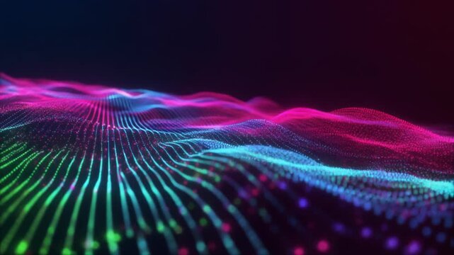 Abstract Digital Waveform of Glowing Particles in Neon Pink and Cyan Colors background
