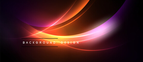 Abstract waves, vibrant colors blend. Dark background highlights glowing curves, creating dynamic visual effect. Text reads background design.