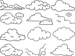 Cloud illustrations featuring soft cartoon shapes and fluffy outlines designed as versatile vector elements for weather themes, sky scenes, and creative graphic projects