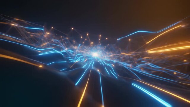 Abstract explosion of blue and orange light trails and glowing particles in a dark void energy