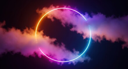 A vibrant neon circle glowing with a spectrum of colors, surrounded by ethereal clouds against a dark background, creating a futuristic and abstract visual