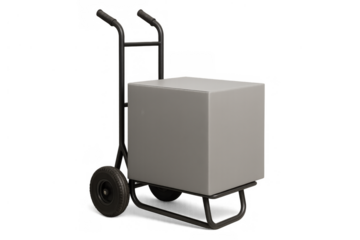 Hand truck transporting an unmarked delivery box, featuring logistics, shipping, and cargo concepts on transparent background