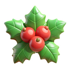 3d icon of christmas holly berry with green leaves isolated on transparent background