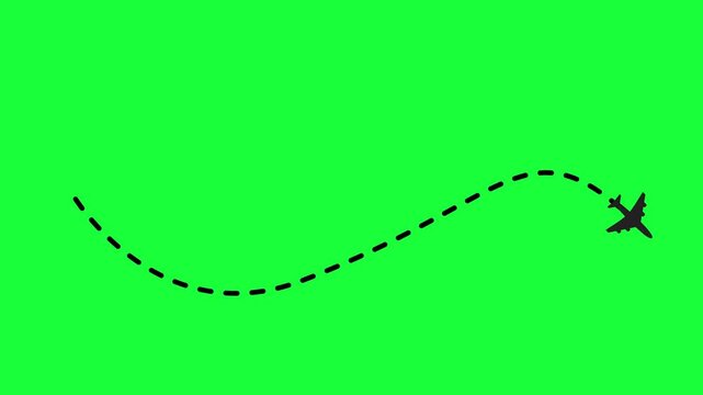 Cartoon animation of an airplane and a dotted flight line on a chroma key background. 4K.