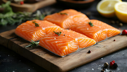 slices of salmon on whooden board