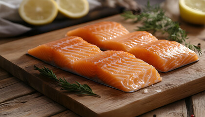 slices of salmon on whooden board