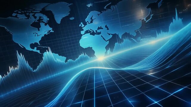 Blue Digital World Map Overlaying Abstract Financial Data Graphs and Futuristic Grid analysis