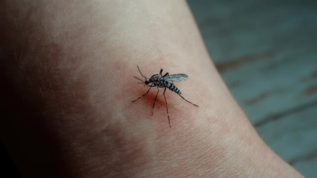 Realistic close-up of a mosquito feeding on human skin during warm weather in a natural outdoor setting