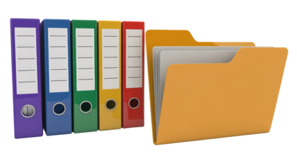 Five colorful office ring binders in purple, blue, green, yellow, red stand alongside an open orange file folder with documents, symbolizing organization. background removed