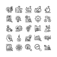 Research and development icon set collection. Containing examine, evolution, increase, operation, searching, profit, employment .Line vector icons collection