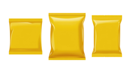 Three blank, glossy yellow packaging pouches or snack bags, mockups for chips, candy, or other food items, displayed against a transparent background. background removed