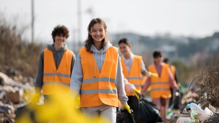 Young diverse volunteers work together, picking up trash in a community cleanup event along a messy landscape in a city during sunny weather