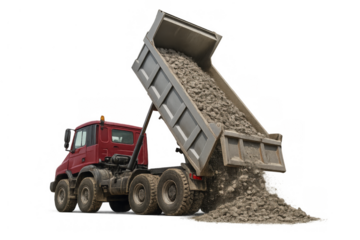 Red dump truck unloading gravel material at a construction site, heavy machinery working, transparent background