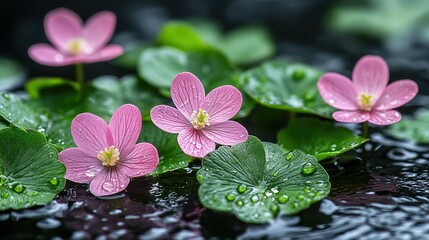 Pink Small Flowers (Green Leaves with Dew + Water Surface Background) Fresh Natural Floral Artistic Decoration Design Background
