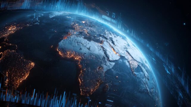 Digital view of Earth showcasing continents illuminated by city lights against a dark cosmic backdrop