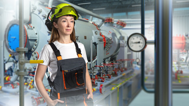 Female engineer supervises industrial equipment operation at modern plant. Technical inspection and process control in energy or manufacturing industry.