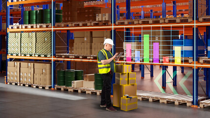 Warehouse manager uses tablet to monitor inventory and logistics analytics. Smart storage management and digital supply chain optimization.