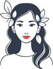Minimal outline of woman with leaves growing from hair — elegant nature-inspired vector, Woman silhouette with leafy hair — simple botanical line art