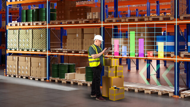 Warehouse manager uses tablet to monitor inventory and logistics analytics. Smart storage management and digital supply chain optimization.