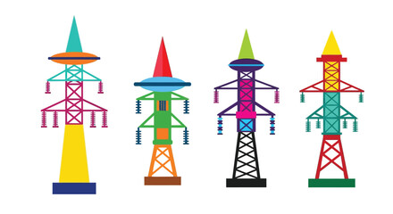 Colorful stylized depictions of electrical power transmission towers in a flat design