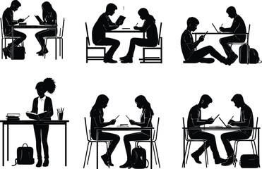 students, study, silhouette, reading, writing, learning, desk, notebook, backpack, education, school, teamwork, classroom, vector