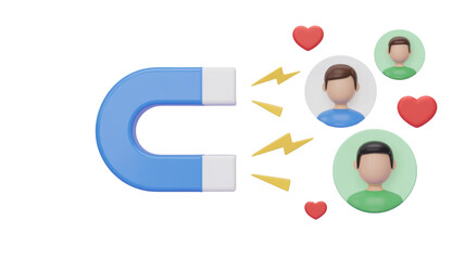 A 3D rendering of a magnet attracting user avatars and hearts, symbolizing customer acquisition, engagement, or social media influence. background removed