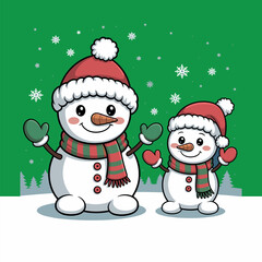 Charming Snowman Family Illustration with Winter Snowflakes and Festive Christmas Background